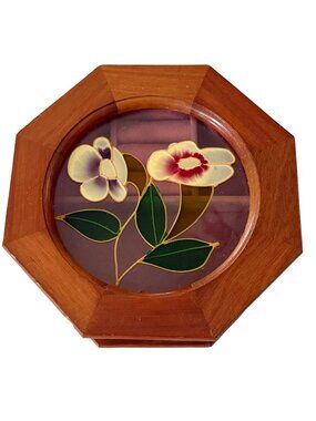 Vintage Mele Wooden Jewelry Box Octagon Floral Glass Lid Ring Holder Made in Tai